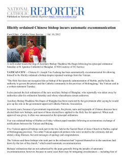 Illicitly ordained Chinese bishop incurs automatic excommunication