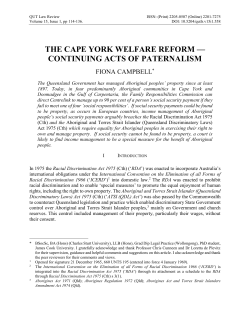 the cape york welfare reform &mdash; continuing acts of paternalism