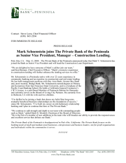 Mark Schoenstein joins The Private Bank of the Peninsula as Senior
