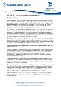 Re: Year 10 - Entry for GCSE English Literature &ndash; May 2017 Dear