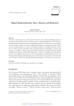 &ldquo;Digital Epidermalization: Race, Identity and Biometrics.&rdquo; Critical