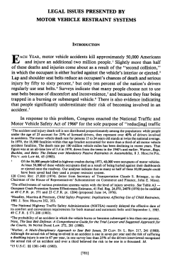 Legal Issues Presented by Motor Vehicle Restraint Systems