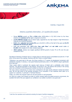 Arkema: quarterly information &ndash; 2nd quarter 2016