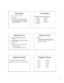 Mnemonics Link method Method of Loci Method of Loci Pegword