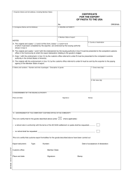 CERTIFICATE FOR THE EXPORT OF PASTA TO THE USA
