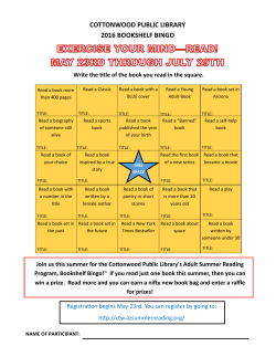 COTTONWOOD PUBLIC LIBRARY 2016 BOOKSHELF BINGO