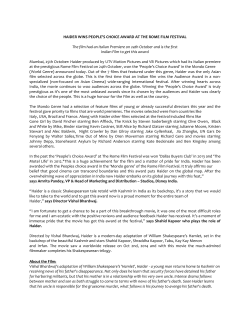 HAIDER WINS PEOPLE`S CHOICE AWARD AT THE ROME FILM