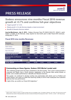 Sodexo announces nine months Fiscal 2016 revenue