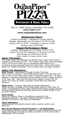 Restaurant Hours Organ Performance Times
