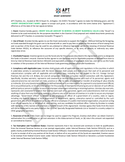 GRANT AGREEMENT APT Charities, Inc., located at 901 N Stuart St