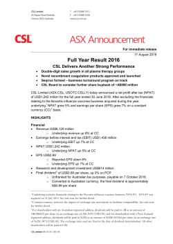 CSL: Full Year Result 2016