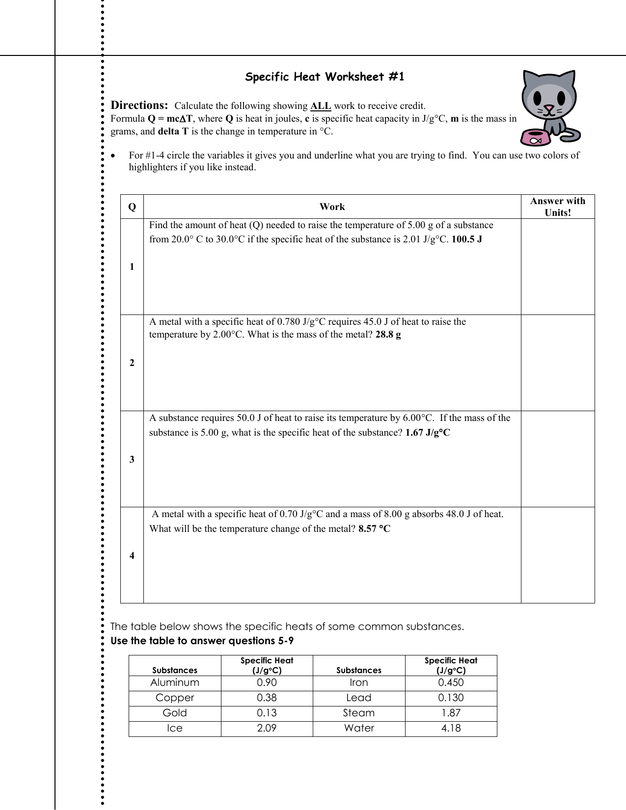 Specific Heat Worksheet #21 Pertaining To Specific Heat Worksheet Answers