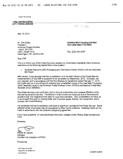 Notice of USPS decision to consolidate originating mail