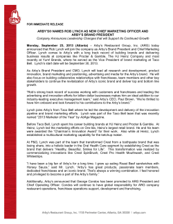 ARBY`S&reg; NAMES ROB LYNCH AS NEW CHIEF MARKETING