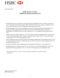 HSBC Bank Canada Third Quarter 2016 Results