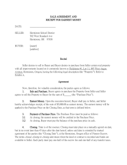 SALE AGREEMENT AND RECEIPT FOR EARNEST MONEY DATE