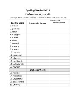 Spelling Words- List 23 Prefixes- un, re, pre, dis Spelling Word 1