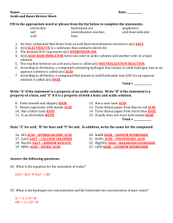 Acids and Bases Review Sheet Fill in the appropriate