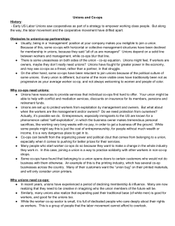 Unions and Co-ops History: - Early US Labor
