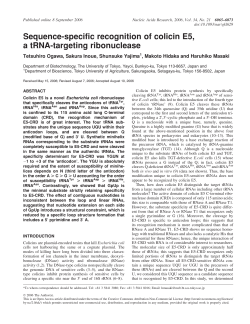 Sequence-specific recognition of colicin E5, a tRNA