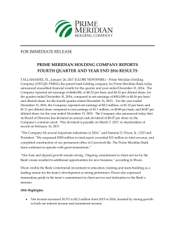 FOR IMMEDIATE RELEASE PRIME MERIDIAN HOLDING