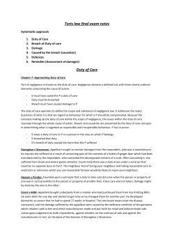 Torts law final exam notes Duty of Care