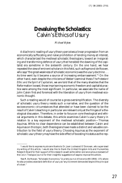 Devaluing the Scholastics: Calvin`s Ethics of Usury