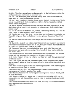 1 Revelation 21:7 1/29/17 Sunday Morning Rev.21:1 Then I saw a