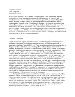 Toulmin`s Warrants David Hitchcock McMaster University In The