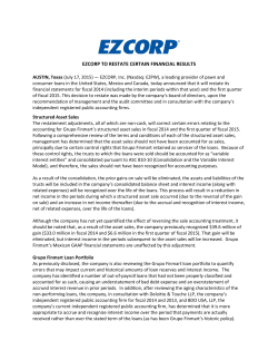 EZCORP TO RESTATE CERTAIN FINANCIAL RESULTS