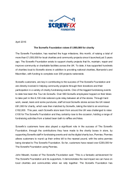April 2016 The Screwfix Foundation raises &pound;1000000