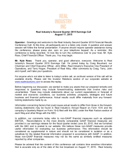 Real Industry`s Second Quarter 2015 Earnings Call August 17, 2015