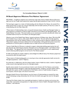 IH Board Approves Milestone First Nations` Agreement