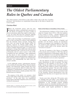 The Oldest Parliamentary Rules in Quebec and Canada