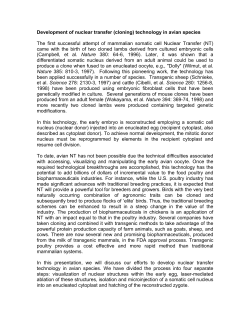 Development of nuclear transfer (cloning) technology in avian species