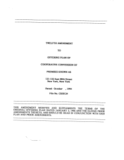 TWELFTH AMENDMENT TO OFFERING PLAN OF COOPERATIVE