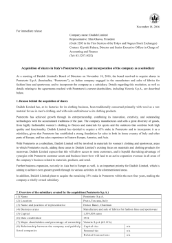 Acquisition of shares in Italy`s Pontetorto S.p.A. and incorporation of