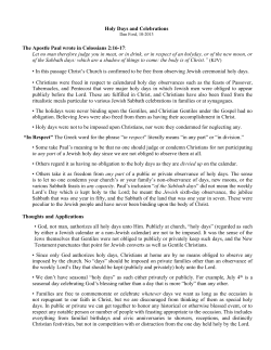 Holy Days and Celebrations The Apostle Paul wrote in Colossians 2