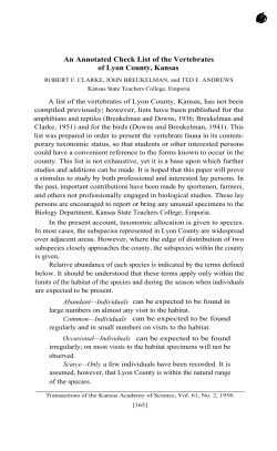 An Annotated Check List of the Vertebrates of Lyon County, Kansas
