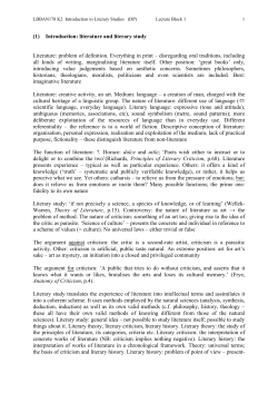 (1) Introduction: literature and literary study Literature: problem of