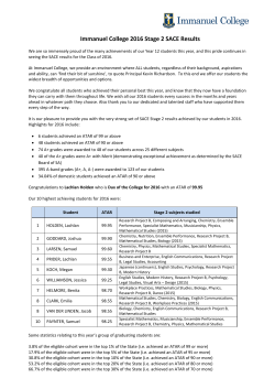 Immanuel College`s 2016 SACE Stage 2 results.