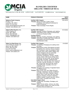 NAME PRODUCT/PROCESS DATE CERTIFIED Abbiamo Pasta
