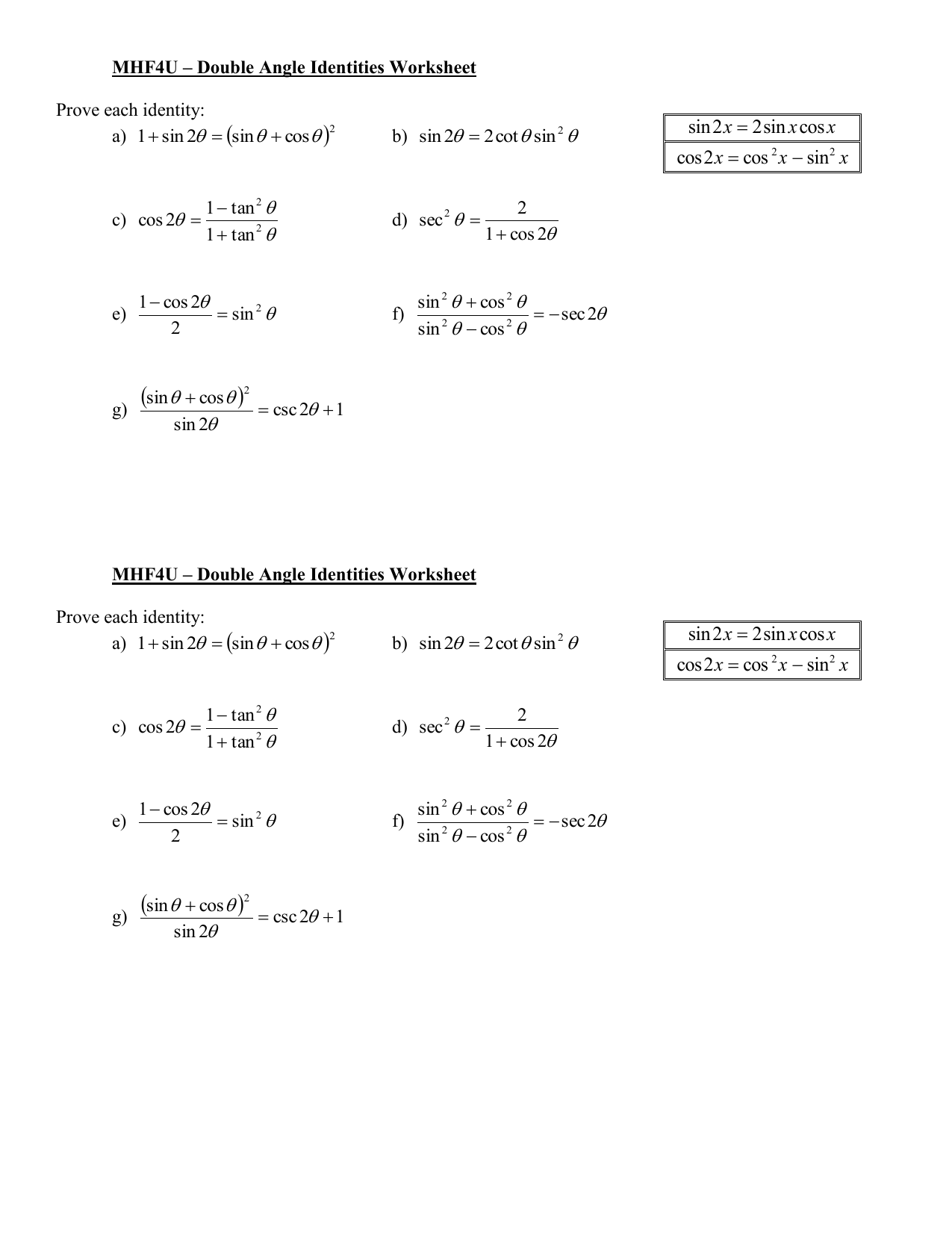 Math 20 – Double Angle Identities Sheet Throughout Double Angle Identities Worksheet