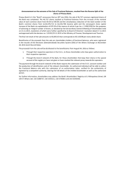 Announcement on the outcome of the Sale of Fractional Balances