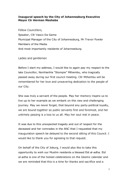 Inaugural speech by the City of Johannesburg Executive Mayor Clr