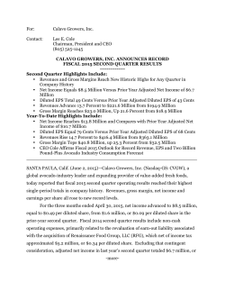 Calavo Growers, Inc. Announces Record Fiscal 2015 Second