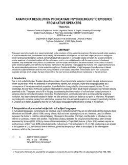 anaphora resolution in croatian: psycholinguistic evidence