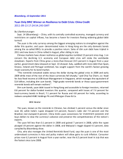 Yuan Only BRIC Winner on Resilience to Debt Crisis