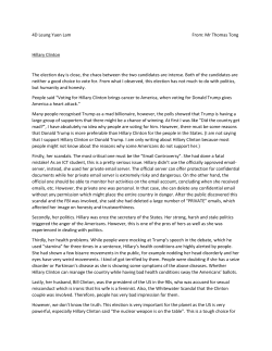 4D Leung Yuen Lam From: Mr Thomas Tong Hillary Clinton The