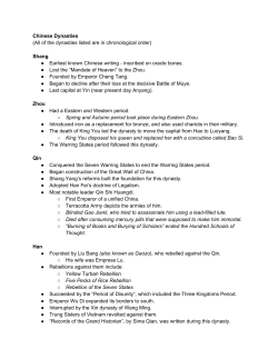 Chinese Dynasties (All of the dynasties listed are in chronological